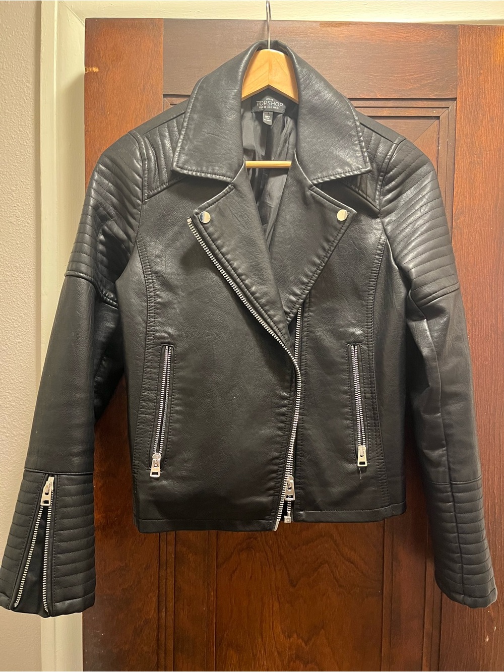 Topshop Black Quilted Sleeve Faux Leather Biker Jacket